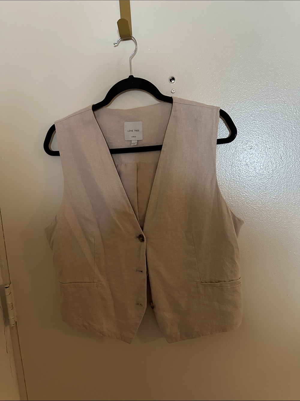 Love Tree Beige Linen Blend Sleeveless Button Front Lined Vest Women L